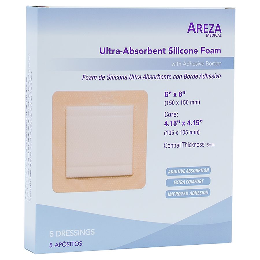 Apósito Foam De Silicona Ultra-absorbente Con Borde Adhesivo 15cm x 15cm <span style="font-size:12px;">5 piezas</span>